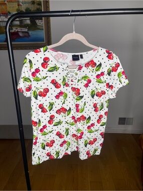 Rafaella White Short-Sleeve Cherry Print Lace-Up Tee